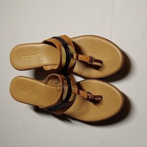 Mila Paoli Leather Wedge Sandals Tan and Black Size 9